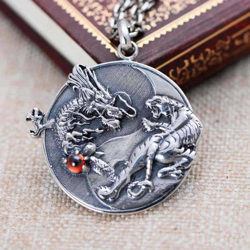 S925 Silver Handmade Dragon Tiger Pendant Necklace 925 Sterling Fengshui Taichi Yinyang Pendant Necklace Good Luck Amulet