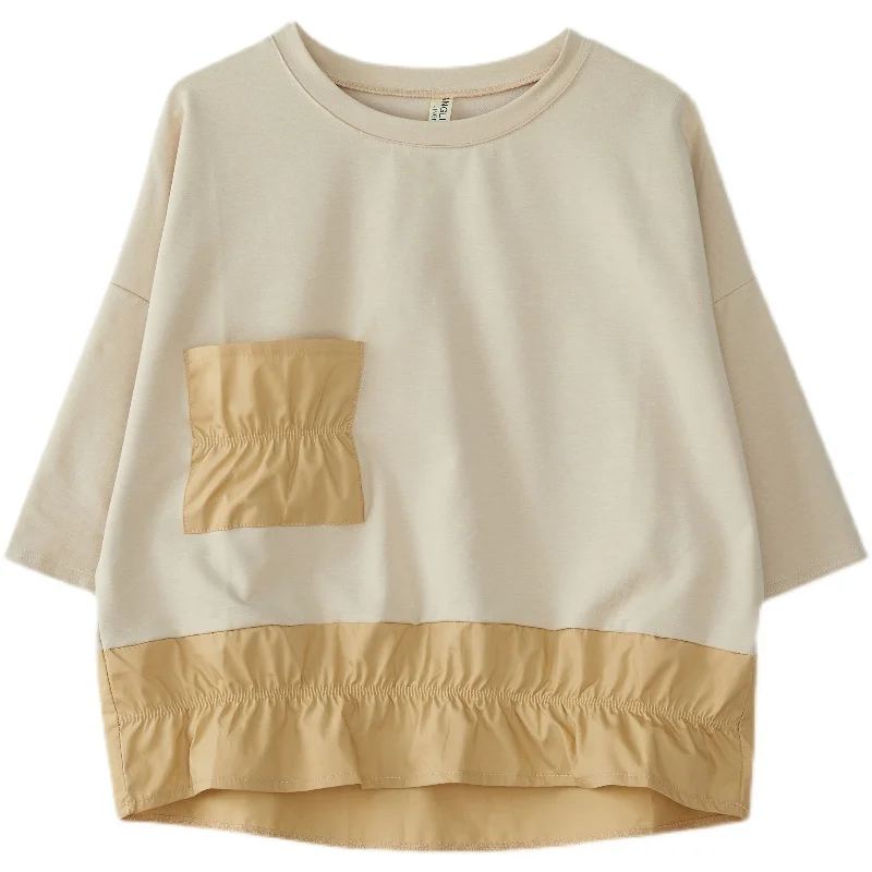 

2021 Summer New Artistic Large Size Color Contrast Patchwork Pocket Short Sleeve T-shirt Loose Leisure All-Matching Anti-Aging