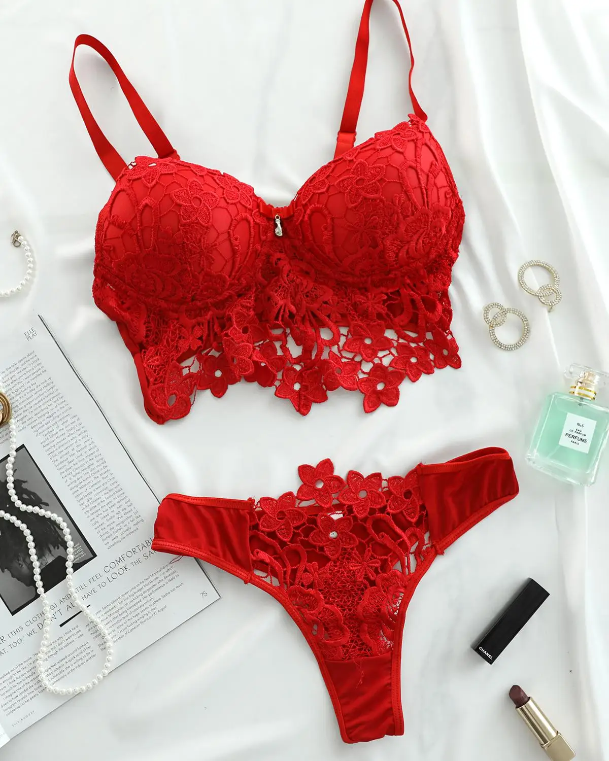 2020 Women Spaghetti Strap Patchwork Sexy Chic Crochet Lace Bra Top &amp Panties Set Low Cut Sleeveless | Тематическая одежда и