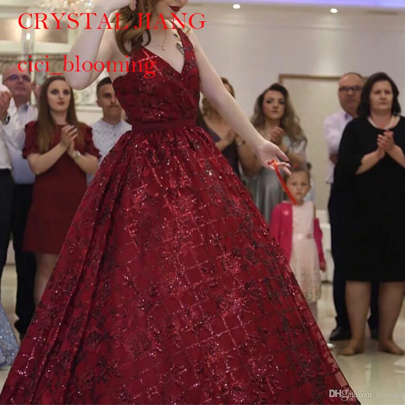 

Stunning Sequins Lace Long Spaghetti Red Dresses
