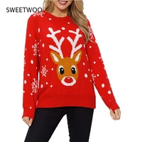 red christmas reindeer sweater womens round neck loose thickening new fall winter student pullover sweater