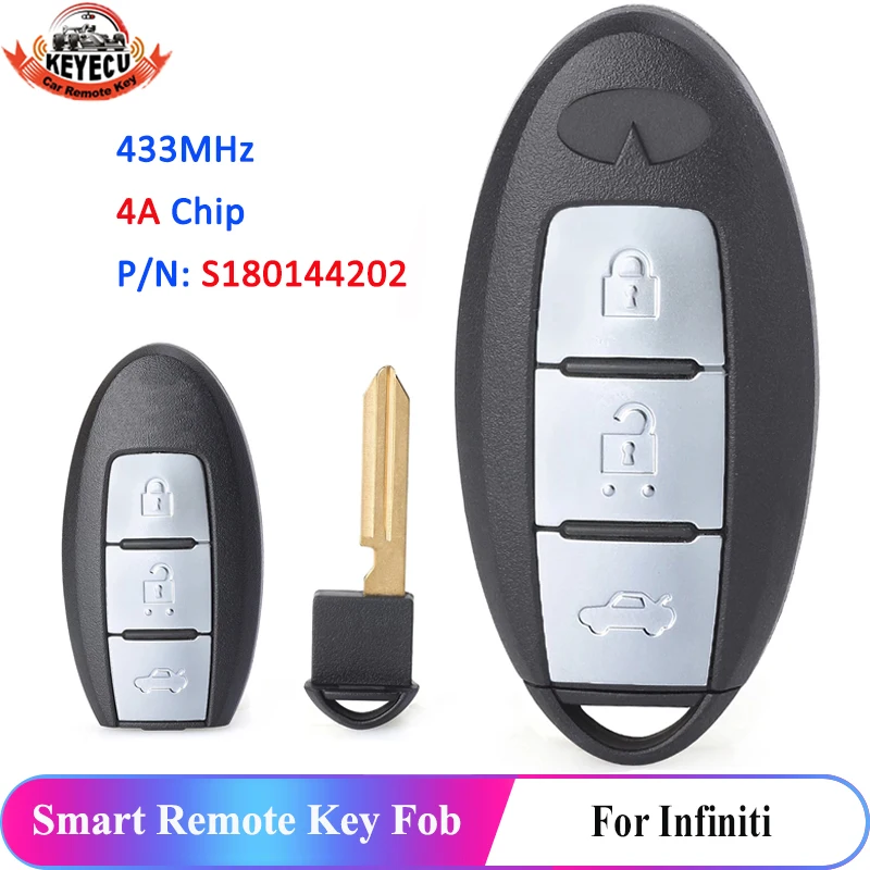 

KEYECU P/N: S180144202 433MHz 4A Chip For Infiniti Q50 Q50L Q50S 2013 2014 2015 2016 2017 2018 3 Button Smart Remote Key Fob