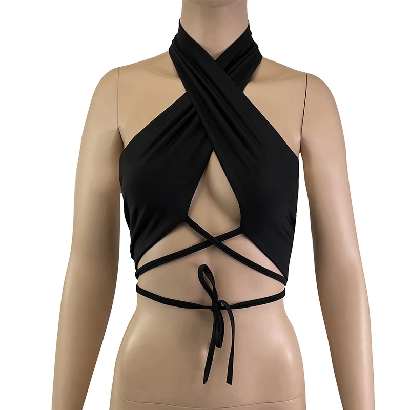 

Gothblack Sexy Women Bnadage Hollow Out Crop Top Fashion Halter Solid Sleeveless Slim Tank Tops Summer Street Mall Casual Vest