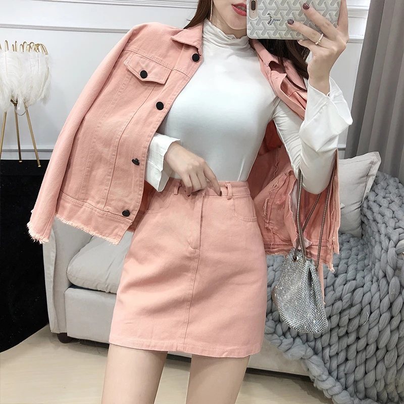 Розовая Женская одежда 2019 однобортные повседневные джинсовые куртки Женский