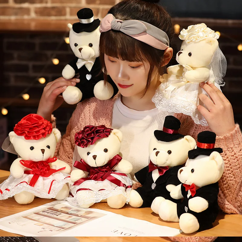 

2pcs/lot Cute Couple Wedding Bears Plush Toys Kawaii Sweetheart Teddy Bear Dolls Stuffed Soft Toys Lovers Girls Birthday Gifts