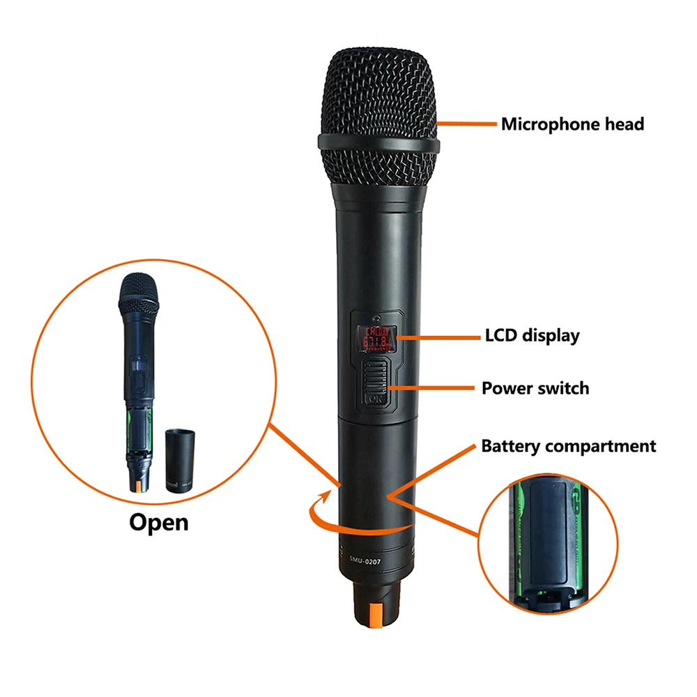 Professional 2 Channel Microphones UHF Frequencies Dynamic Capsule Wireless Karaoke Mic System SMU-0207A 