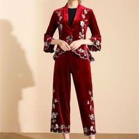 velvet pant suits women 2021 spring new fine flowers embroidered notched collar three quarter sleeved blazer top trousers set