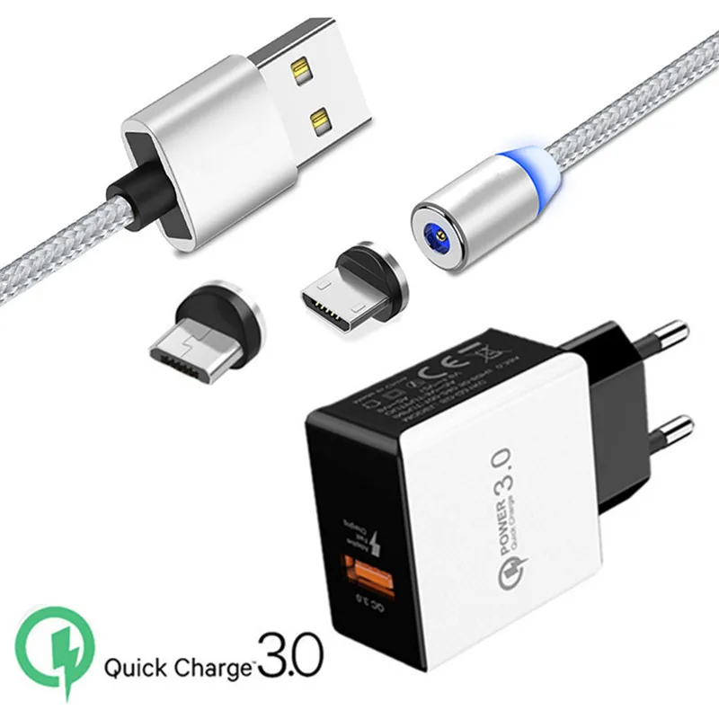 EU charger and cable Магнитный кабель Micro USB для зарядки Meizu M3 M5 M6 Note LG Q60 3,0 адаптер для быстрой зарядки для samsung A10 A7 A6 huawei Y5 Y6 Y7 - Тип штекера: EU charger and cable