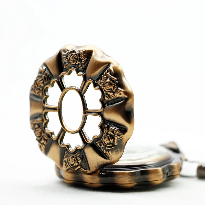 New Rose Gold Flower Pendant Pocket Watches Vintage Men Women Mechanical Pocket Watches With Fob Chain Roman Numbers Best Gifts