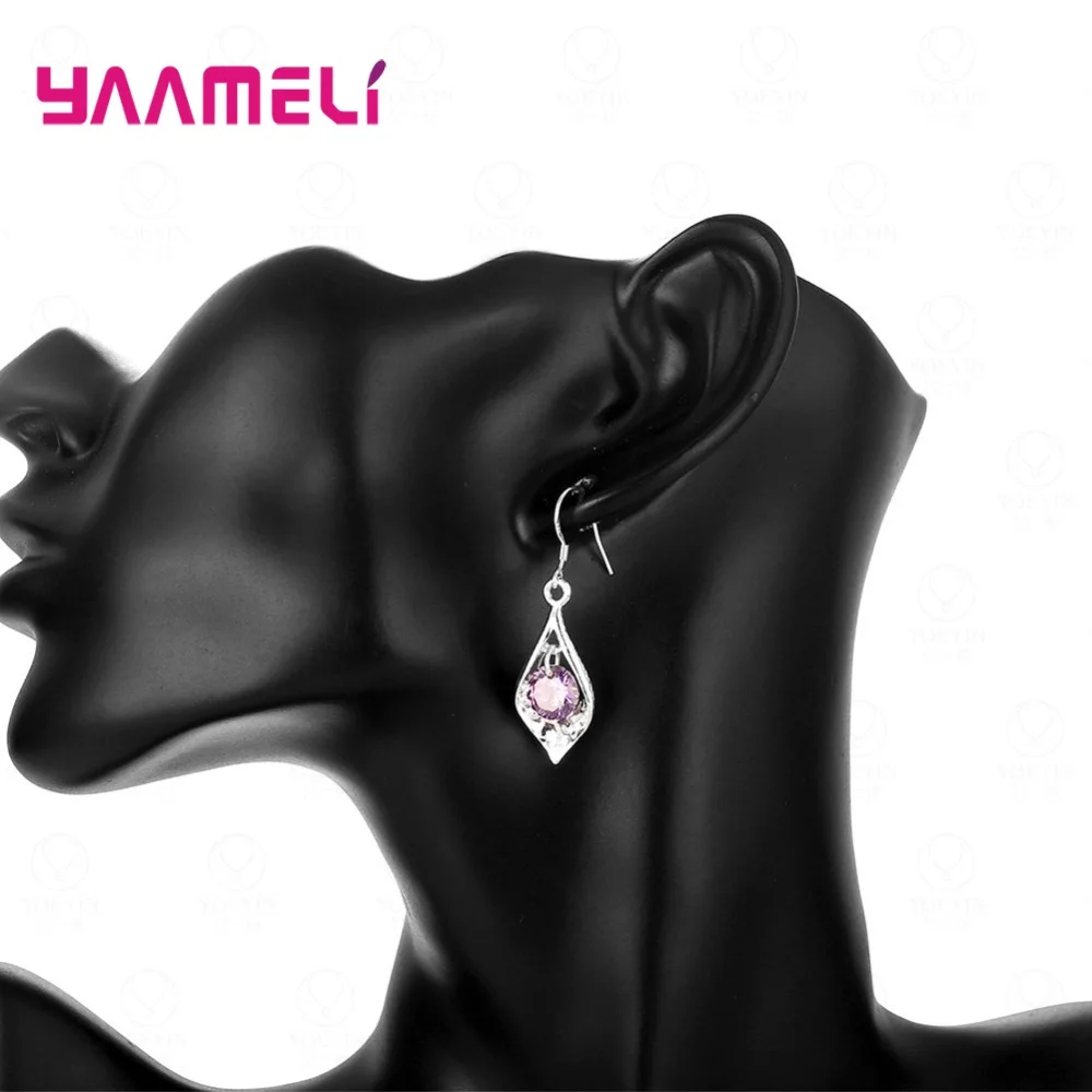 

Temperament Fashion 925 Sterling Silver Zirconia Drop Earrings For Women Girl Purple CZ Rhinestone Simple Jewelry Party Gift