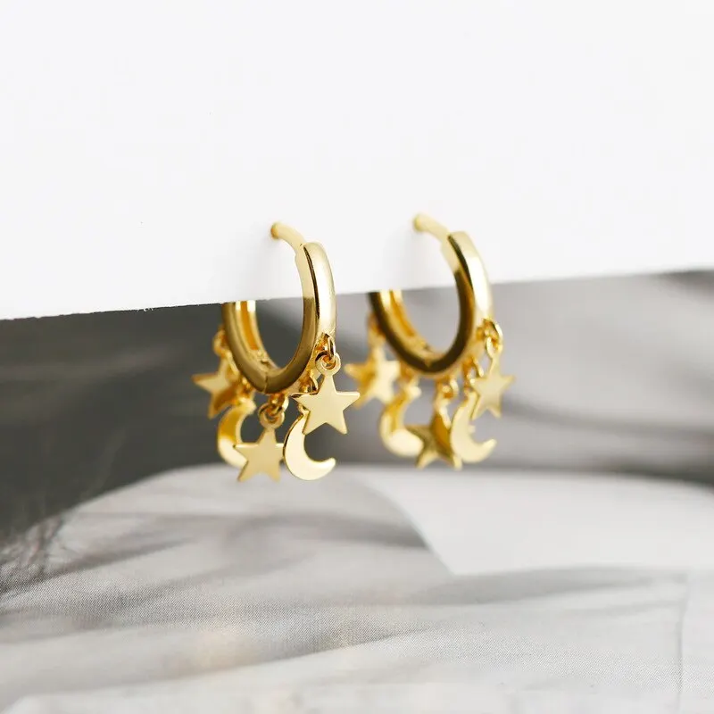 

A00483 Bohemian Real 925 Sterling Silver Star Moon Tassel Stud Earrings for Trendy Women Punk Jewelry Charm Accessories