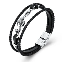 creative design punk stainless steel musical notes bracelet hip hop style leather woven men and women party jewelry