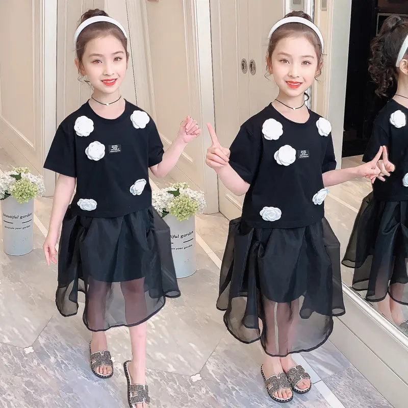 

Kids Clothes Girls High Grade Black Clothing Sets 3D Flowers Cotton Tshirt Mesh Skirt Two-Pieces Summer Children Outfits 4-13Yrs