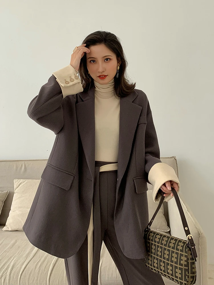 Женский шерстяной комплект из 2 предметов зимний пиджак кардиган и брюки с