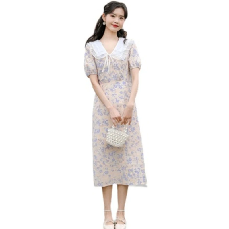 

Summer Elegant Dress Women 2021 Doll Collar Floral Dress Short Sleeve Mixi Dress Feme Robe