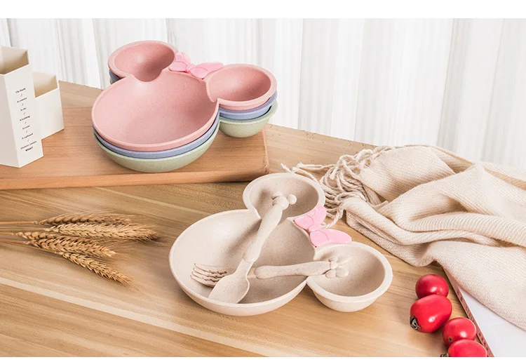 Natural Wheat Straw Bowl Baby Fork Food Bowl Kids Cartoon Toddler Children Spoon Dinner Plate Set Training Tableware Feeding
