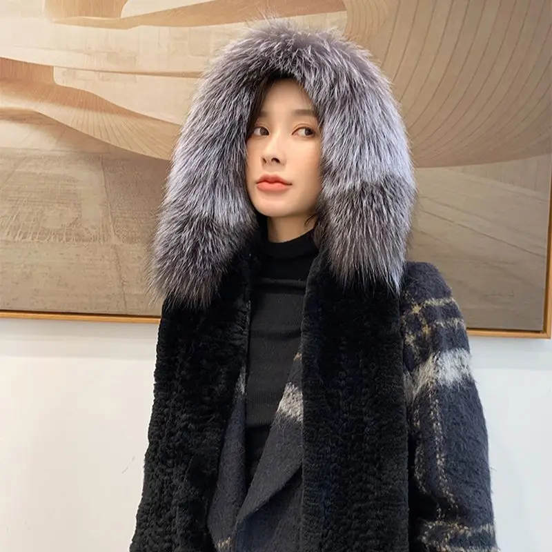 2023 New Women Winter Warm 100% Genuine Rex Rabbit Fur Knitted Hooded Scarf With Silver Fox Fur Luxury Real Fur Volume Hat