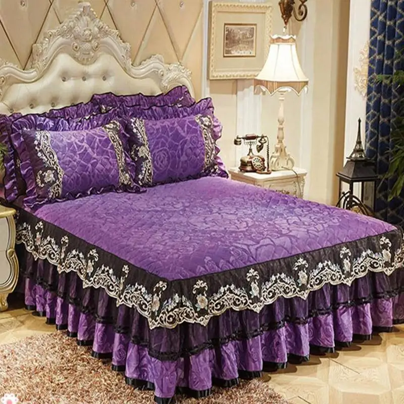 

35 Fleece velvet 3pcs thick lace bedspreads Euro style velvet skirted bed sheet and pillowcases set quality bed cover