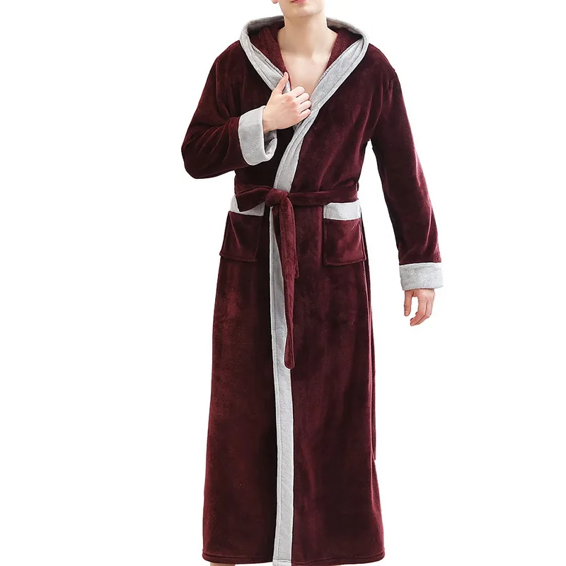 wine red men Зимний толстый теплый халат для пар, Женское и мужское Коралловое кимоно из рунной шерсти, халат, ночная рубашка, банное платье, одежда для сна, свободная мягкая длинная ночная рубашка - Цвет: wine red men