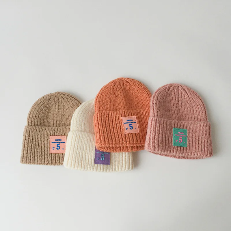 

Autumn Winter Children's Hat Korean Edition Letters Knitted Hats For Boys And Girls Wool Cap Casual Solid Color Kids Beanies