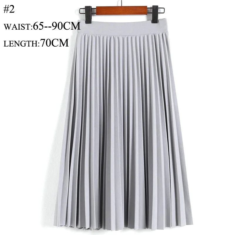 Light Grey SheBlingBling плиссированная летняя юбка Осенняя мода Высокая талия сплошной цвет до середины икры юбка универсальная Свинг эластичная талия миди юбка - Цвет: Light Grey