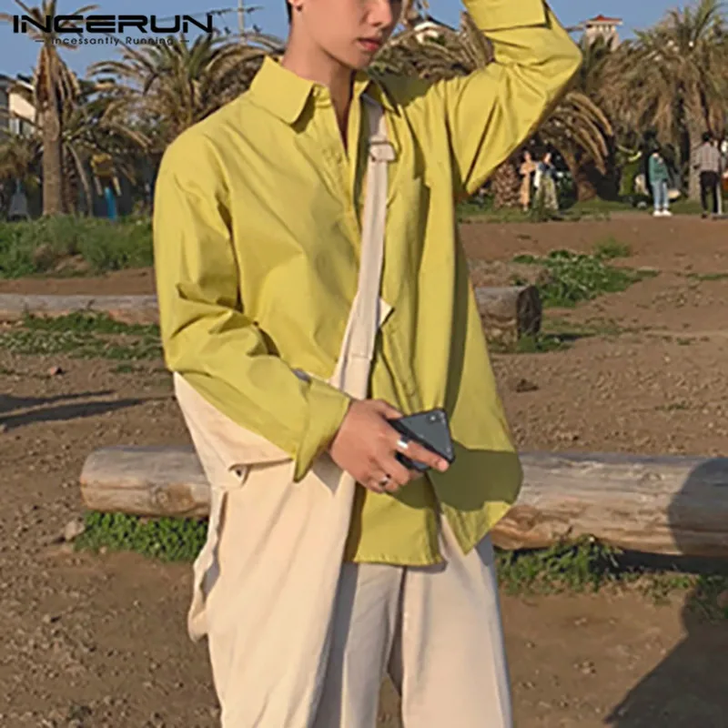 

Fashion Turn Down Collar Cotton Shirt INCERUN Mens Solid Color Long Sleeve Shirts Korean Style Pocket Blouse Loose Camisa 5XL 7