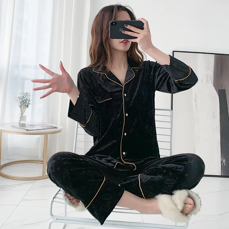 

Autumn Winter New Lady Sleepwear Velour Pajamas Set 2 Pcs Shirt&pant Casual Nightgown Bathrobe Long Sleeve Suit Korean Homewear