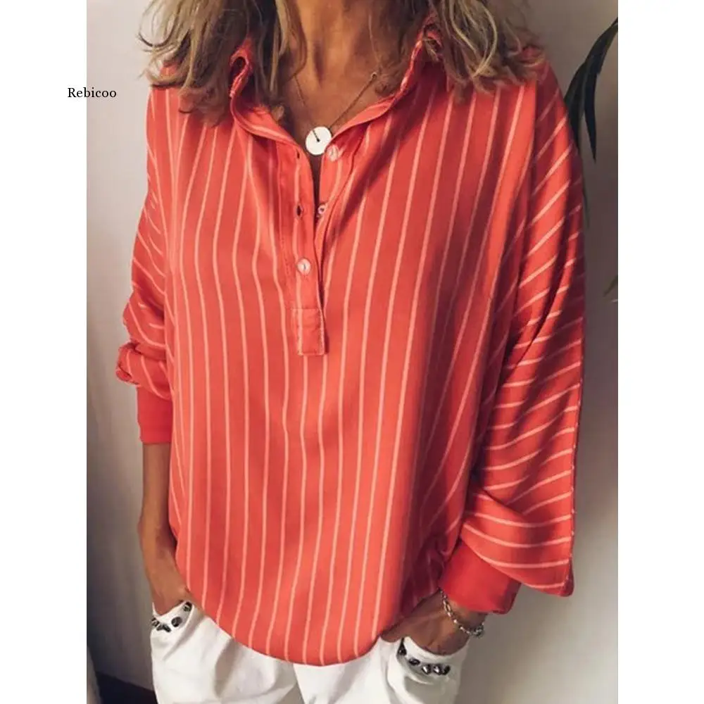 

Fashion Summer Woman Blouses Stripe Loose Casual Striped Button Lapel Girl Long Sleeve Shirt Top Blouse Button Female Clothing