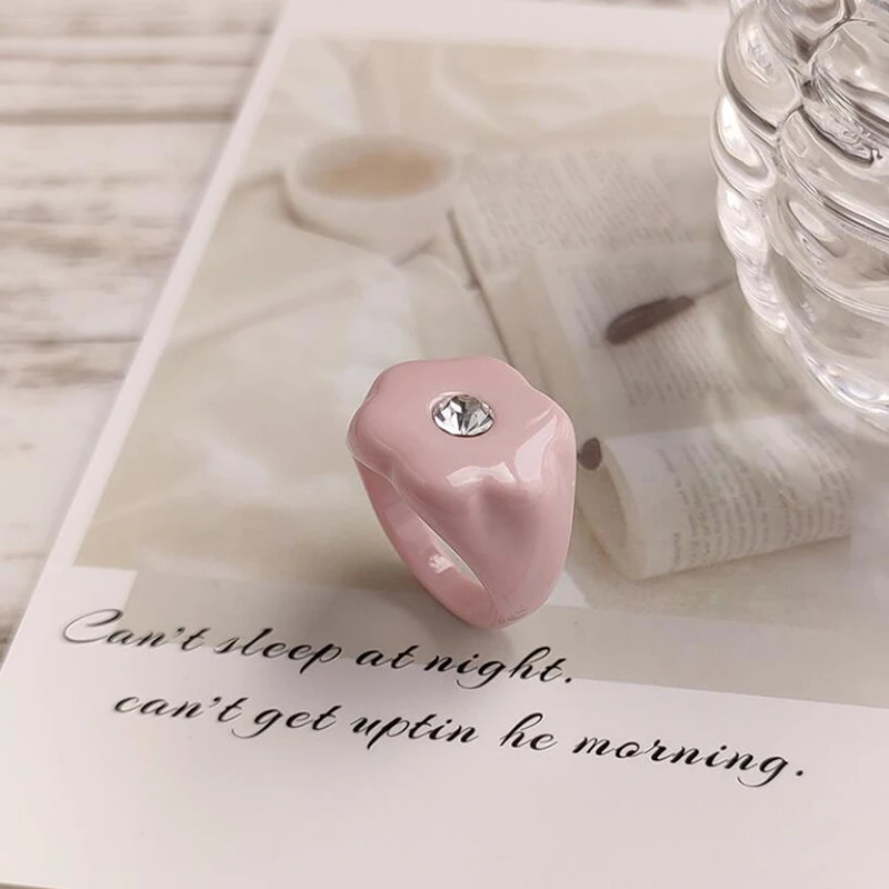 

New Korean Fashion Candy Color Flower Acetate Acrylic Resin Rhinestone Finger Ring For Women Girls Sweet Party Accessories Gift