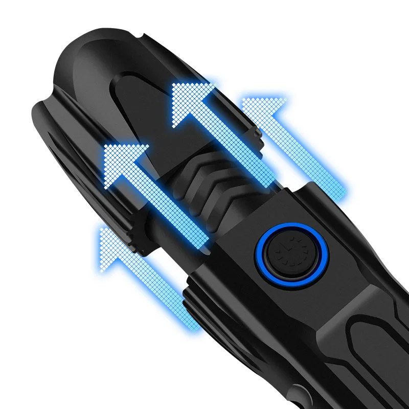 Multifunction LED Flashlight USB Rechargeable Zoomable Torch Light Power Display Safety Hammer for Outdoor Camping Fishing MCK |