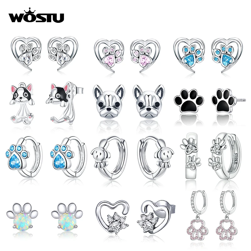 

WOSTU Paw Dog Earrings 925 Sterling Silver Animal Footprint Stud Earrings Zircon Earrings For Women Fashion Wedding Jewelry