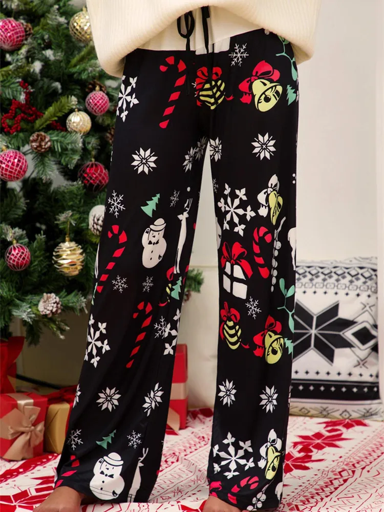 

Women Casual Drawstring Wide Legs Christmas Pants Solid Color Christmas Deer Printed Loose Elastic Waist Bottoms