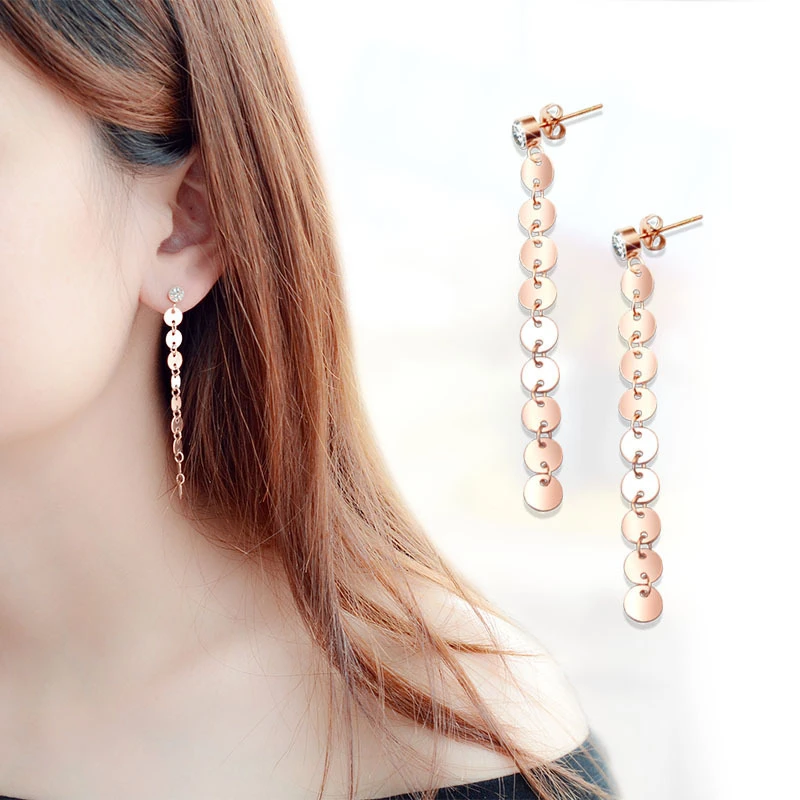 

TOSOKO Stainless Steel Earrings Single Zircon Small Round Plate Long Earrings Women's Fashion Jewelry BSF119