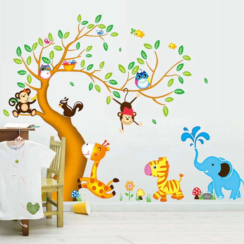 2 шт./компл. большой мультфильм животных зоопарк 3D дерево стена Стикеры Дети