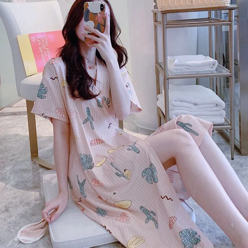 

New Summer Robe Women's Nightgowns Short Sleeve Print Ladies Homewear Comfortable Belt Female Nightwear