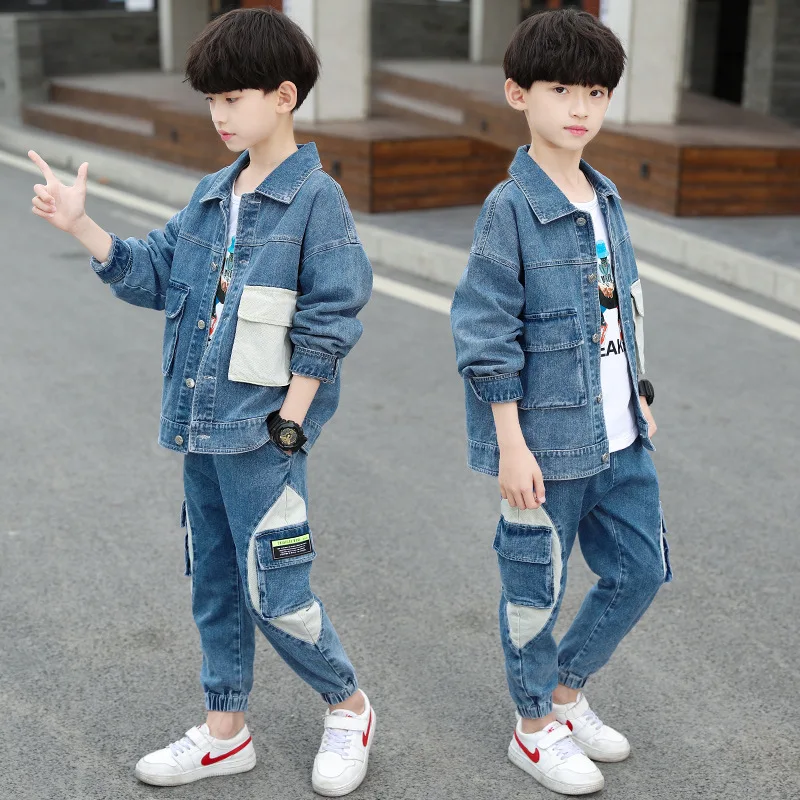 

Boys denim suit autumn clothes 2020 new big kids Korean version of foreign style spring and autumn two-piece children's autumn