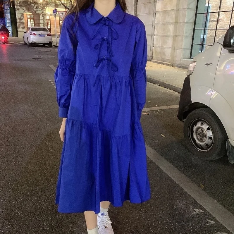 

Korejepo Klein Blue Dress French Women's Autumn and Winter 2021 New Sweet Casual High Waist Slim A-line Medium Length Dresses
