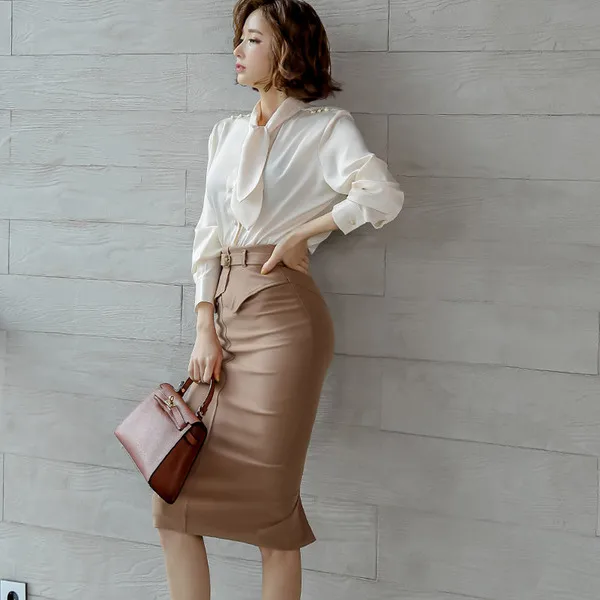 

Spring 2 Piece Sets Women Cotton single-breasted Bow Shirt Blouse And Skirt Set Slim khaki office Pencil Skirt Suit with belt
