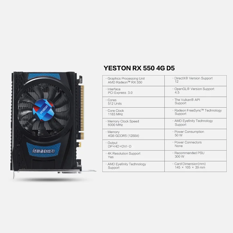 

RX550--4G D5 Display Cards Radeon Chill 4GB Memory GDDR5 128Bit 6000MHz DP1.4HDR+HDMI-compatible2.0b+DVI-D Small Size GPU