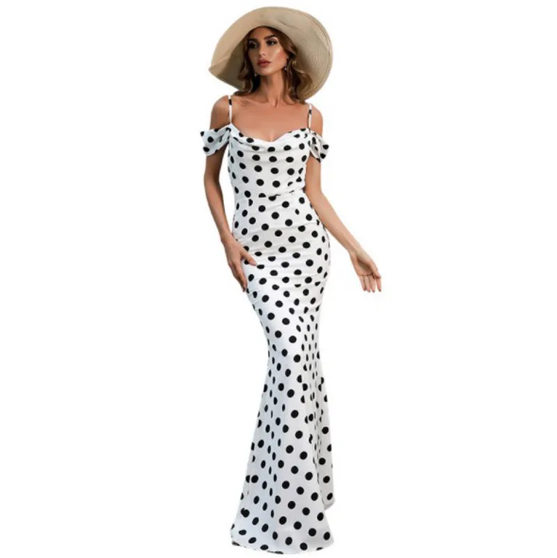 

Cultiseed Women Sexy Slash Neck Strapless Off The Shoulder Polka Dot Party Long Chiffon Dress Ladies New Holiday Casual Gowns