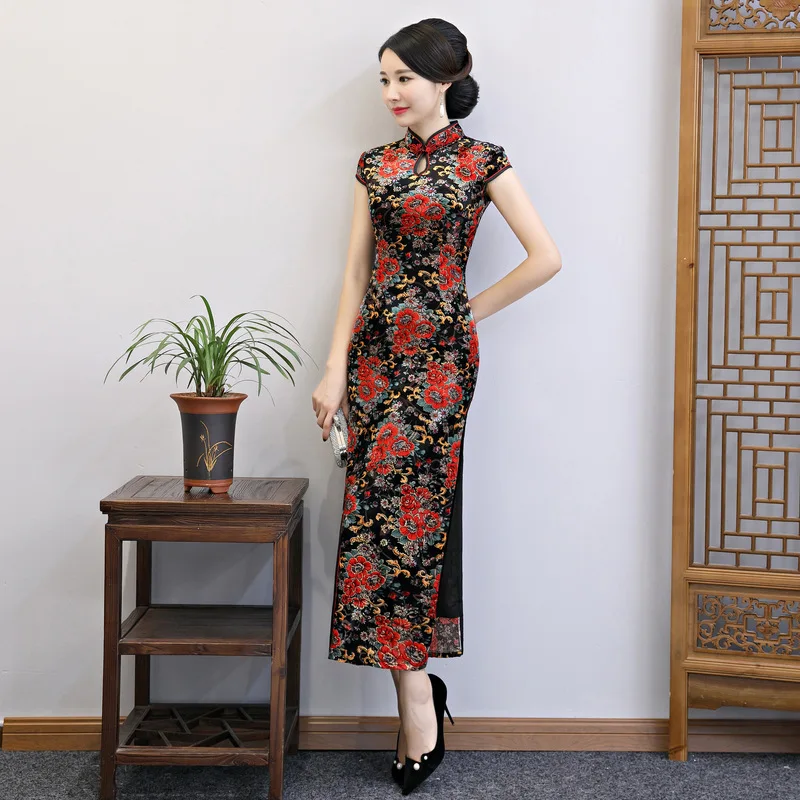 

Middle Aged Female Velour Vintage Cheongsam Summer Slim Tradition Chinese Dress Exquisite Vintage Button Trim Long Qipao