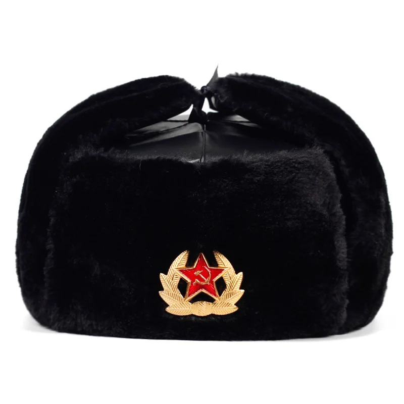 

Military Badge Russia Ushanka Bomber Hats Pilot Trapper trooper Hat Winter Faux Rabbit Fur Earflap Men Snow Caps