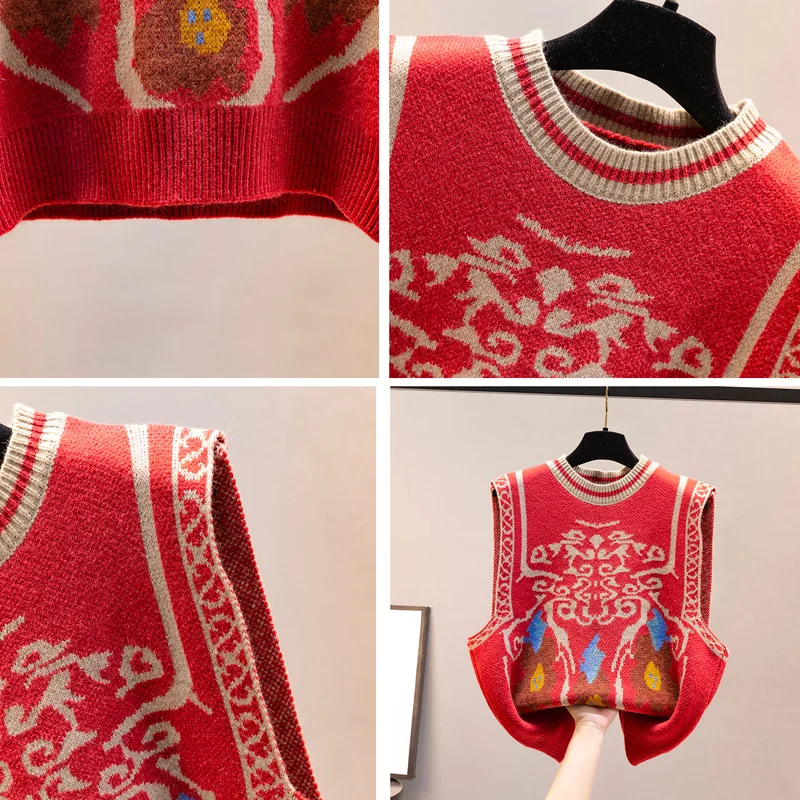 Женский жаккардовый свитер без рукавов красный вязаный джемпер в Корейском