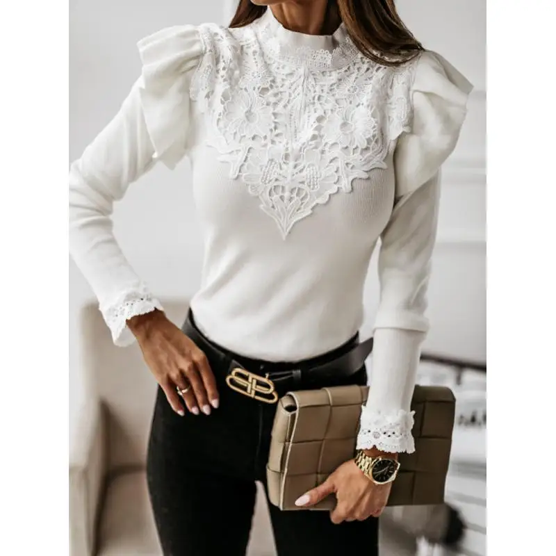 

Lace Woman T Shirt Ruffles Long Sleeve O Neck Tee Female Elegant Ladies Tops Work Wear Autumn Slim Fit