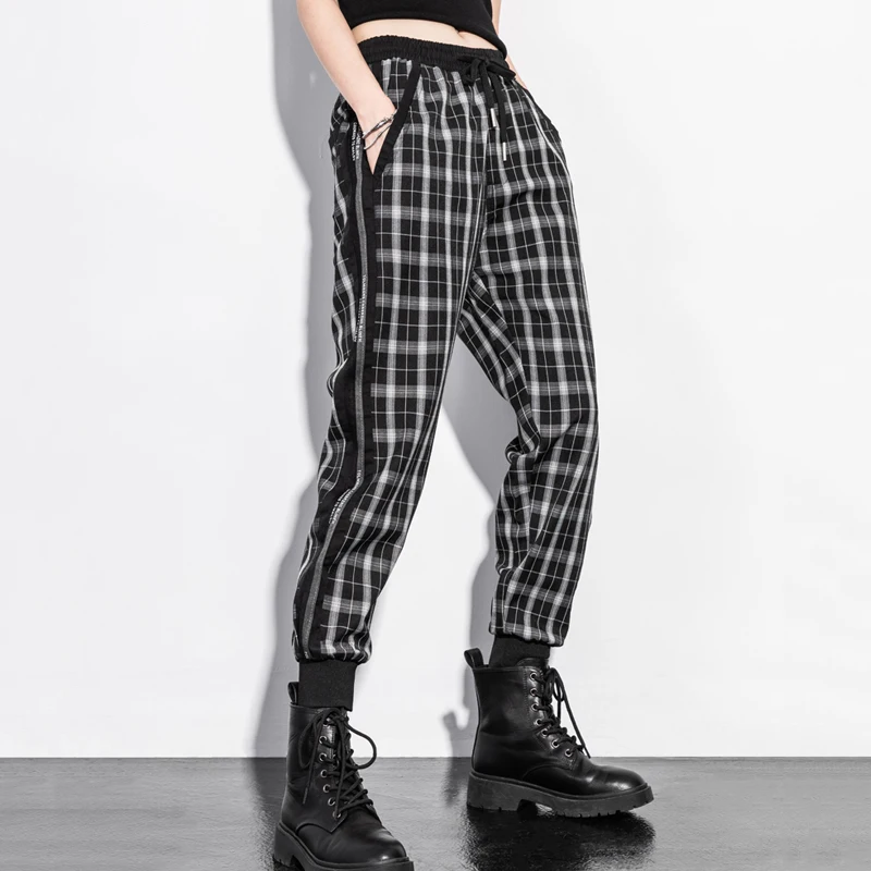 

Fashion New Women Elastic Waist Plaid Cargo Pants High Waist Drawstring Joggers Female Casual Trousers Wide Leg Loose Harem Pant