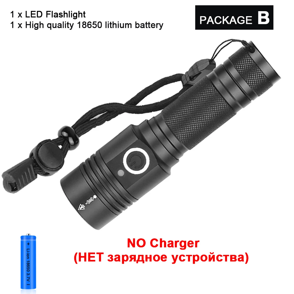 Package B Супер яркий XHP50 светодиодный фонарик самый мощный фонарик с зумом охотничья вспышка light18650 водонепроницаемый USB перезаряжаемый светодиодный фонарь - Испускаемый цвет: Package B
