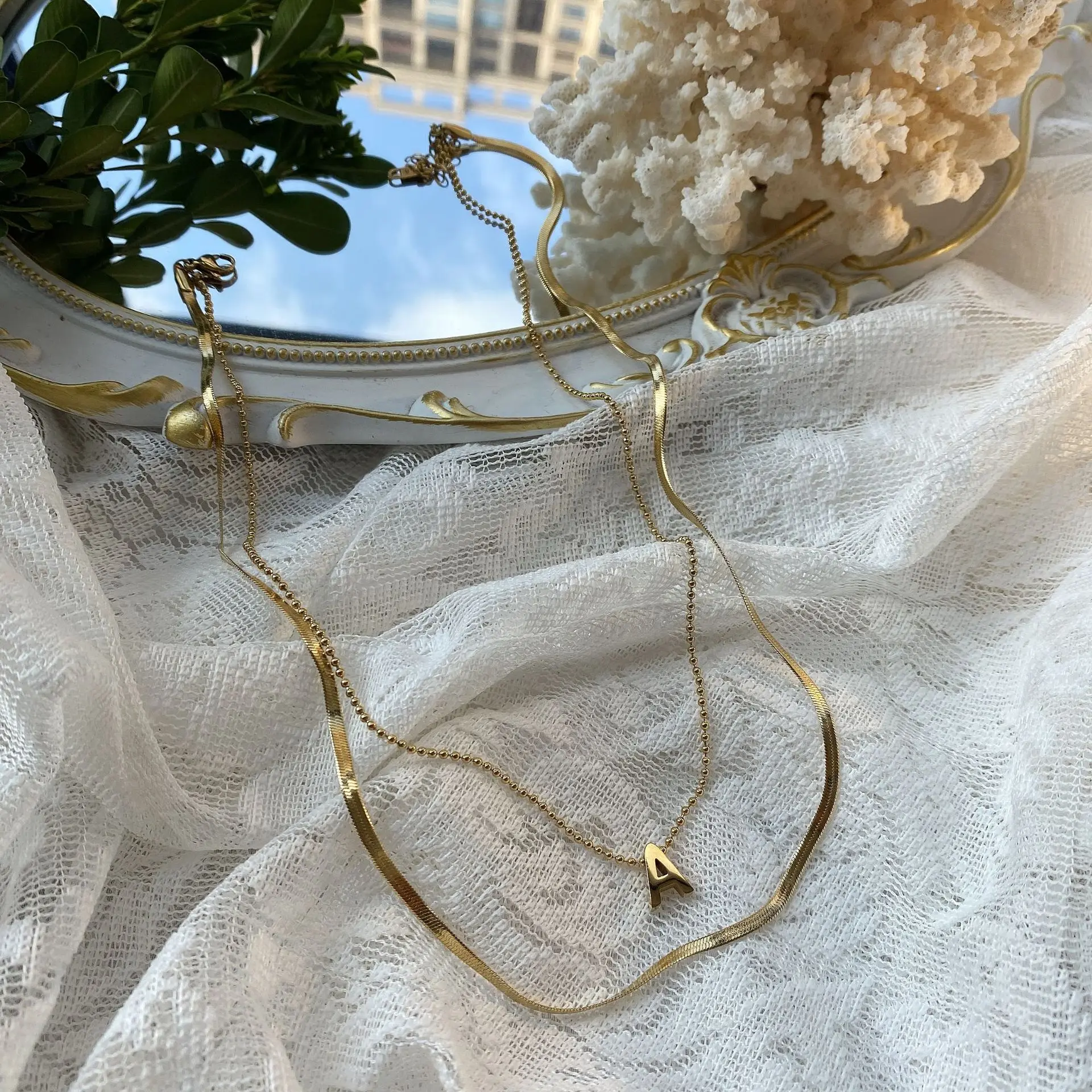 

European and American double-layer snake bone chain personalized bead letter a pendant with cool style necklace