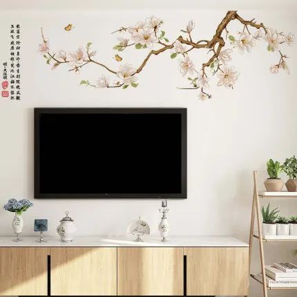 Chinese Style TV Background Wall Stickers Self Adhesive Living Room Sofa Wall Decal Magnolia Nordic Poster Bedroom Decor Mural