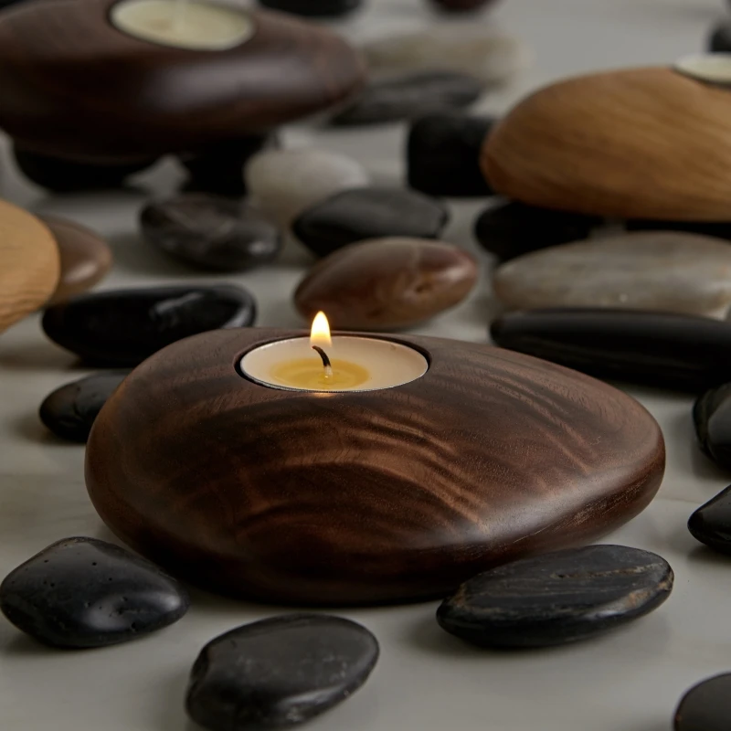 

Handmade Modern Walnut Wood Candlestick Creative Gift Cobblestone Candle Holder Wedding Bar Decoration Living Room