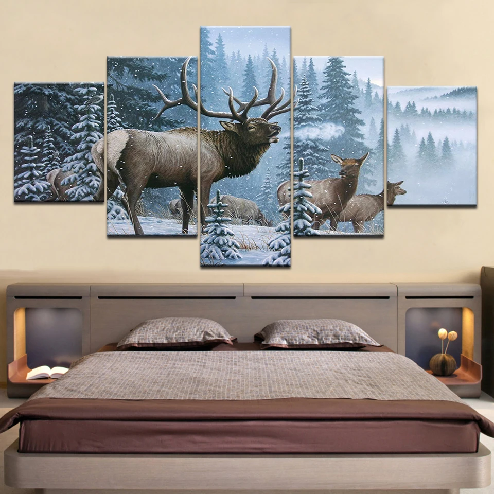 Холст HD печатает фотографии стены искусства 5 шт. быка лося пересечения поток